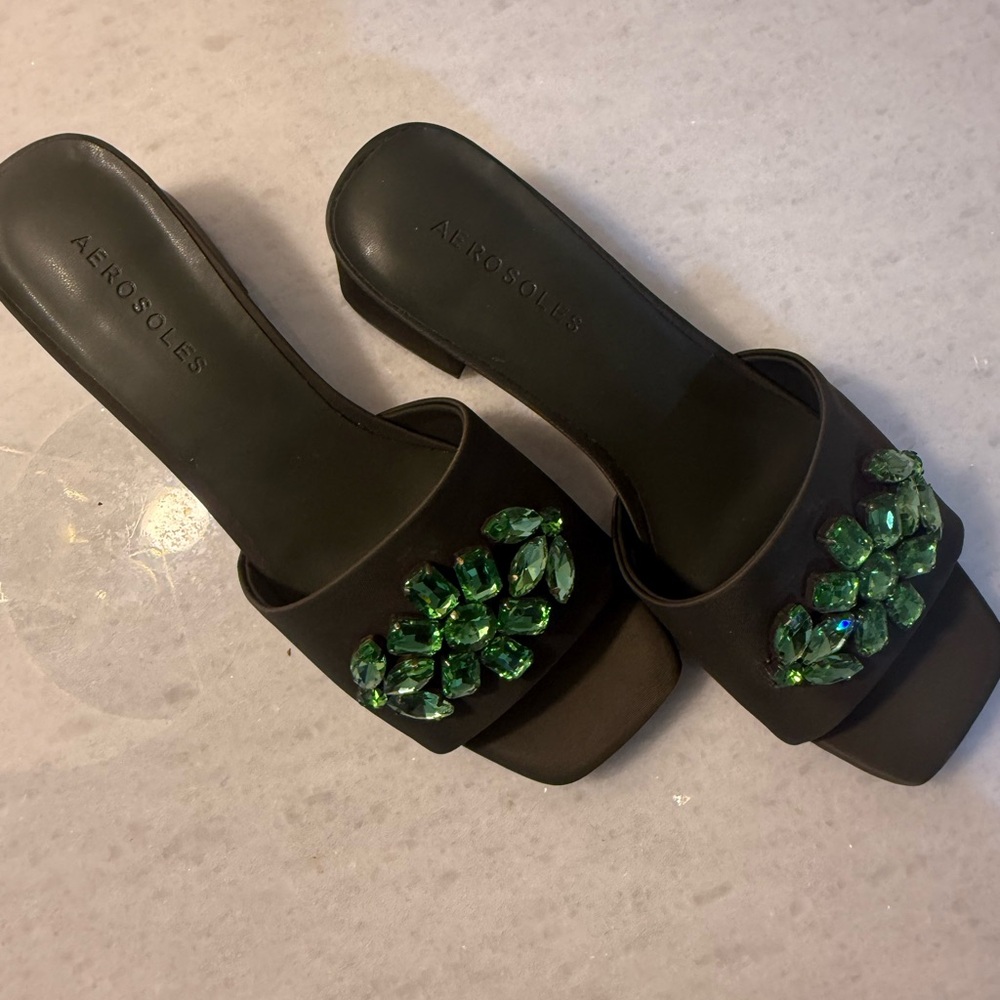 AEROSOLES Forest Green Mules with Green Embellishments